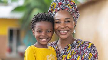 Happy mother and son smiling together in vibrant outdoor setting, showcasing love and joy photo