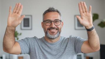 Happy man smiling and raising hands modern office setting, expressing positivity and enthusiasm photo