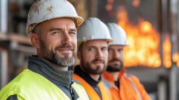 Construction workers in safety gear, smiling confidently, with fire in background photo