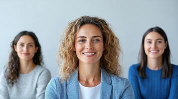 Confident women smiling together in professional setting, showcasing teamwork and collaboration photo