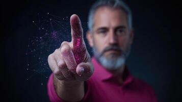 man with beard interacts with digital interface, showcasing technology and innovation photo