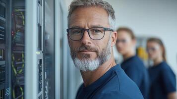 Experienced IT professional overseeing cybersecurity measures in modern data center photo