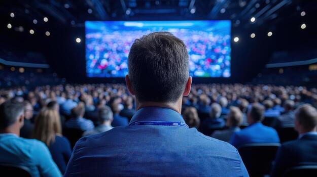 large audience at tech conference, captivated by presentation on big screen photo