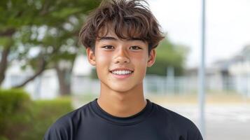 Smiling teenager in sports outfit, outdoors, showcasing confidence and joy photo