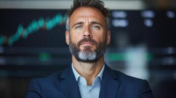 Confident businessman with beard, wearing suit, stands in front of stock market data photo
