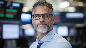Professional man in glasses smiling confidently in financial trading environment photo