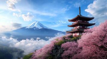 serene temple surrounded by cherry blossoms with majestic mountain background evokes tranquility photo
