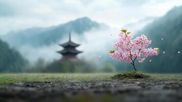 serene landscape featuring cherry blossom tree bloom, set against misty mountain backdrop with photo