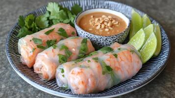 Fresh spring rolls with shrimp, herbs, and peanut sauce create delightful dish photo