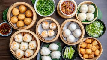 delightful dim sum feast featuring various dumplings, buns, and greens, perfect for sharing photo