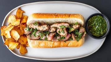 delicious Cuban sandwich served with crispy potato chips and side of green sauce, perfect for photo