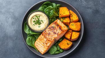 Fresh salmon fillet served with spinach, sweet potatoes, and creamy dip, creating balanced meal photo