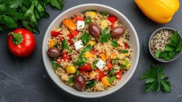 Fresh quinoa salad with colorful vegetables and herbs, perfect for healthy meal photo