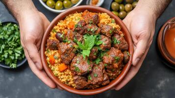 delicious Moroccan dish featuring tender lamb served over fluffy couscous, garnished with fresh photo