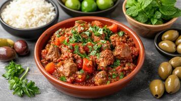 delicious Moroccan feast featuring lamb tagine with fresh herbs and vibrant vegetables photo