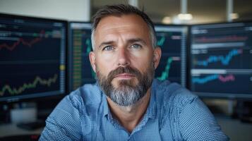 Focused stock trader analyzing market trends with multiple screens displaying data photo