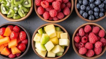 Fresh fruit bowls with vibrant colors and textures create delightful spread photo