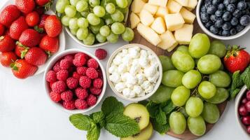 Fresh fruits and cheese arranged beautifully, showcasing vibrant colors and textures photo