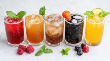 Refreshing sodas in various flavors, garnished with mint and fruits, create vibrant display photo