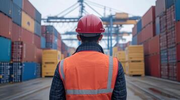 worker in safety vest and helmet stands in shipping yard, observing containers photo