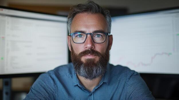 Focused trader with dual monitors displaying data, showcasing concentration and professionalism photo