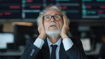 trader in suit shows shock and concern while looking at stock market data on screens photo