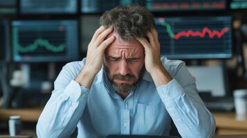 trader in despair at financial firm, overwhelmed by market fluctuations and stress photo