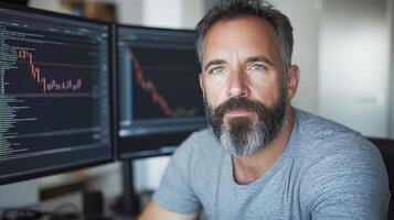 Focused trader analyzing market data on dual monitors, showcasing determination and expertise photo