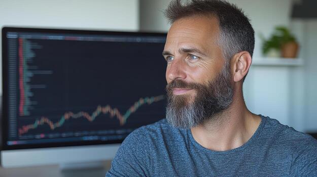 comerciante analizando mercado tendencias con enfocado expresión, exhibiendo confianza y pericia foto