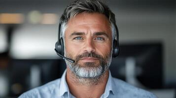 focused trader wearing headset, engaged in urgent stock trading activities photo