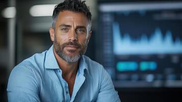 confident man blue shirt poses front of financial chart, showcasing expertise and photo