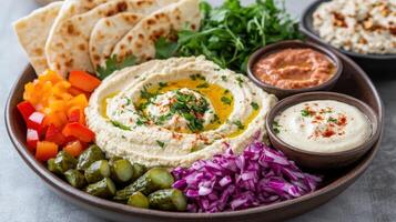 delicious traditional hummus platter featuring vibrant vegetables, pita bread, and flavorful photo