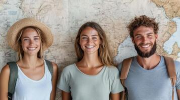 Travelers smiling in front of world map, showcasing excitement for adventure and exploration photo
