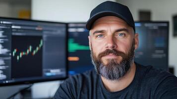 Focused trader in front of dual monitors displaying market data and charts photo