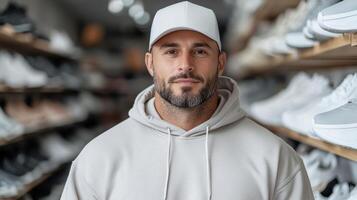 stylish individual wearing light hoodie and cap stands confidently shoe store, surrounded by photo