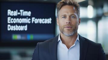 Professional man in suit stands confidently in front of digital economic forecast display photo