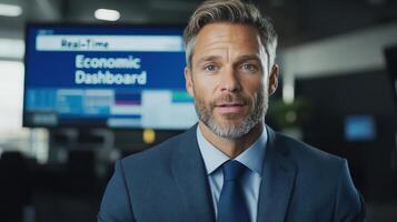Professional man in suit presenting economic dashboard information with confidence photo