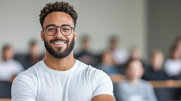 confident man smiles warmly in classroom setting, engaging with students in background photo
