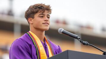 Emotional valedictorian delivering speech graduation ceremony, inspiring classmates and family photo