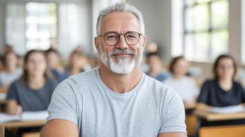 Experienced professor smiling in classroom, engaging with students during lecture photo