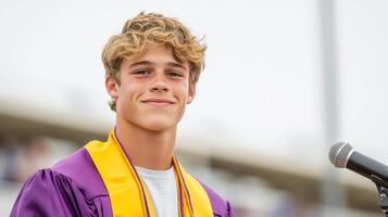 Emotional valedictorian delivering speech at graduation ceremony, inspiring peers and family photo