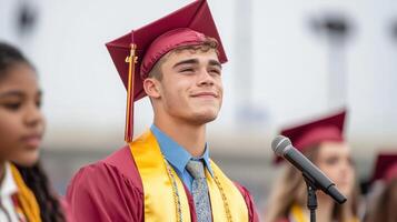 Emotional valedictorian delivering speech at graduation ceremony, showcasing pride and joy photo