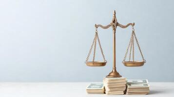 balanced scale symbolizes justice, with money stacked below, representing economic value photo