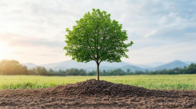 vibrant tree stands tall mound of soil, surrounded by lush greenery and mountains background photo