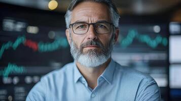 Professional man with glasses and beard, focused on digital stock charts in background photo