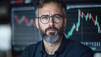 Professional man with glasses and beard, focused on financial charts photo