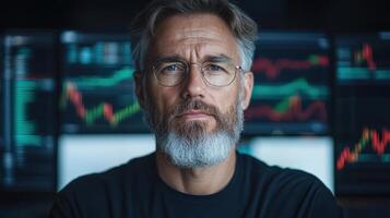 Professional man with glasses and beard front of digital stock charts, exuding confidence photo