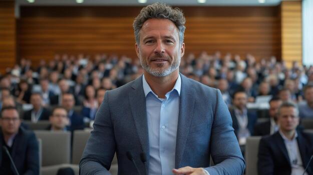 Confident business leader addressing large audience in modern conference setting photo