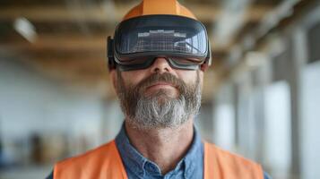 construction engineer wearing augmented reality glasses in modern workspace photo