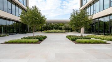 Modern urban plaza featuring open spaces, greenery, and contemporary architecture photo